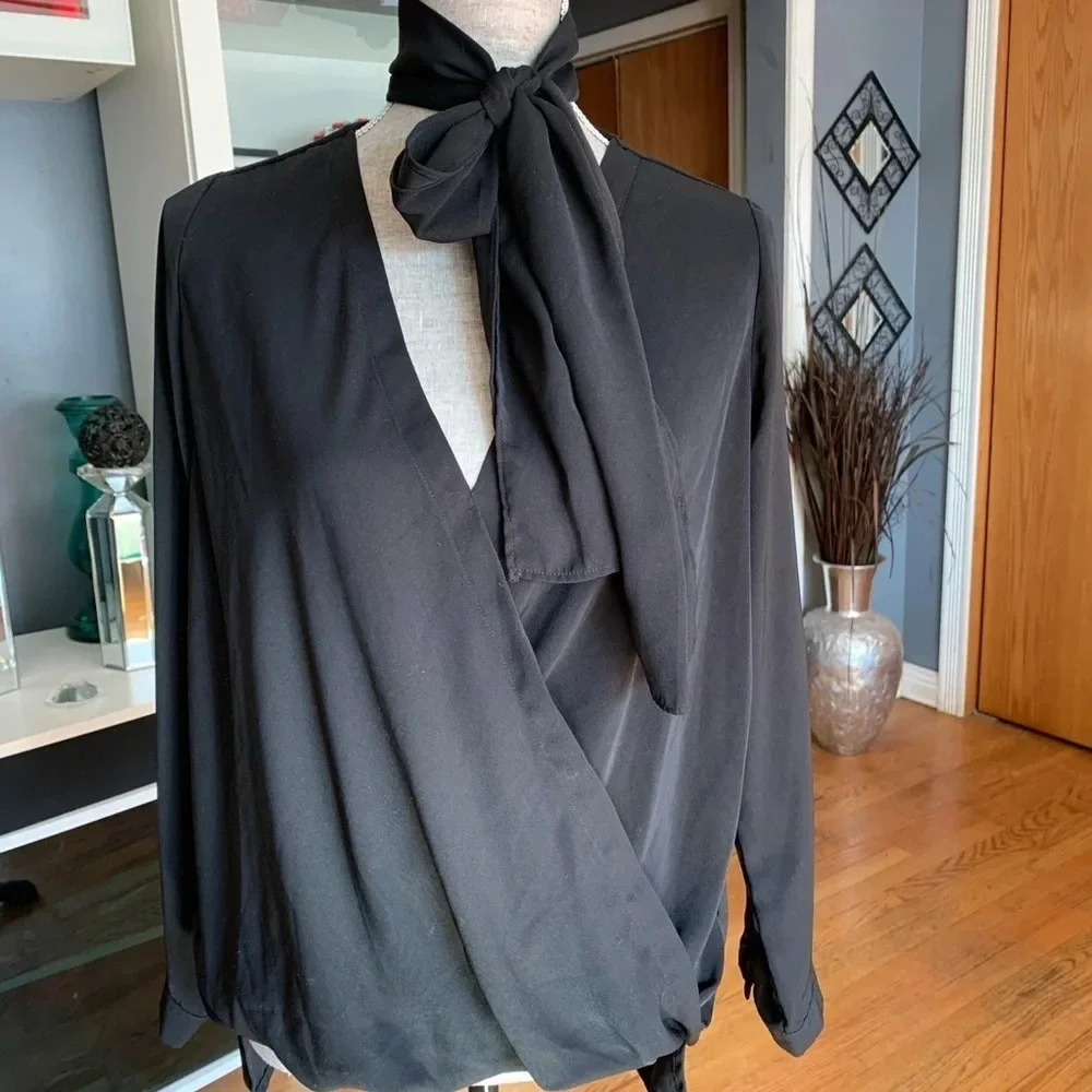 DO+BE Long Sleeve Faux Wrap Tie Neck Blouse
